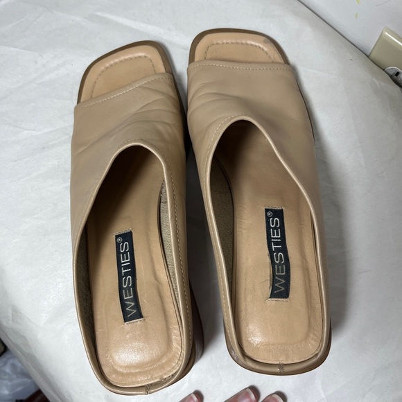 Westies Vintage Tan Square Toe Leather Chunky Heeled Mules size 7.5 - Picture 5 of 12
